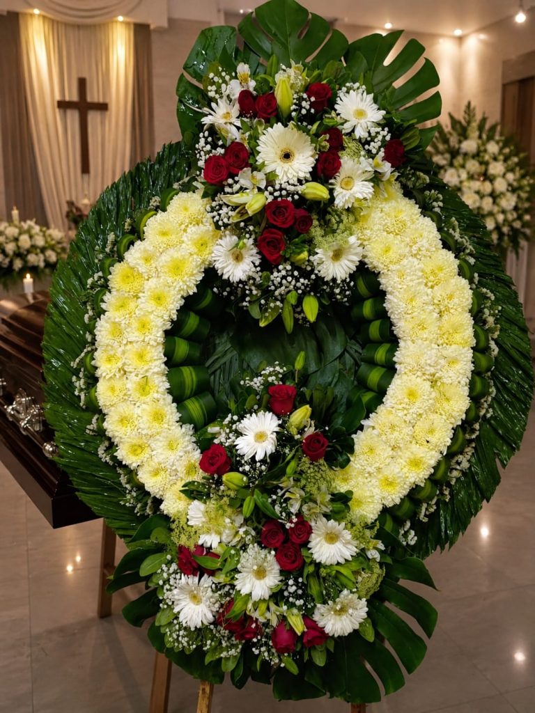 Corona fúnebre premium con flores frescas y entrega a domicilio las 24 horas. Servicio de coronas funerarias, arreglos florales para funeral, homenajes florales, funerarias, iglesias, velatorios y cementerios. Pedidos por WhatsApp en Coronas.com.mx.