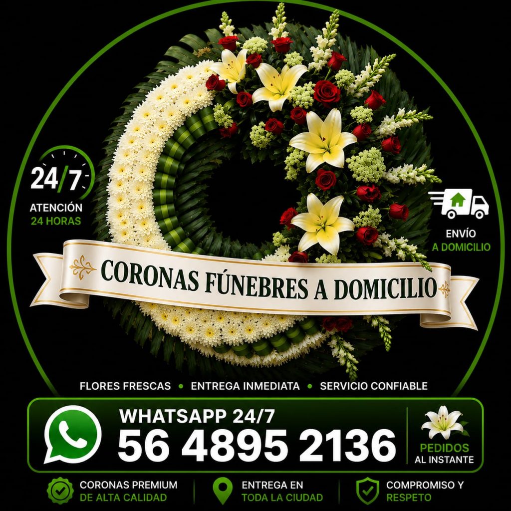 Corona fúnebre premium con entrega a domicilio las 24 horas. Arreglo floral funerario con flores frescas para funerarias, iglesias, cementerios y domicilios. Pedidos por WhatsApp en Coronas.com.mx.