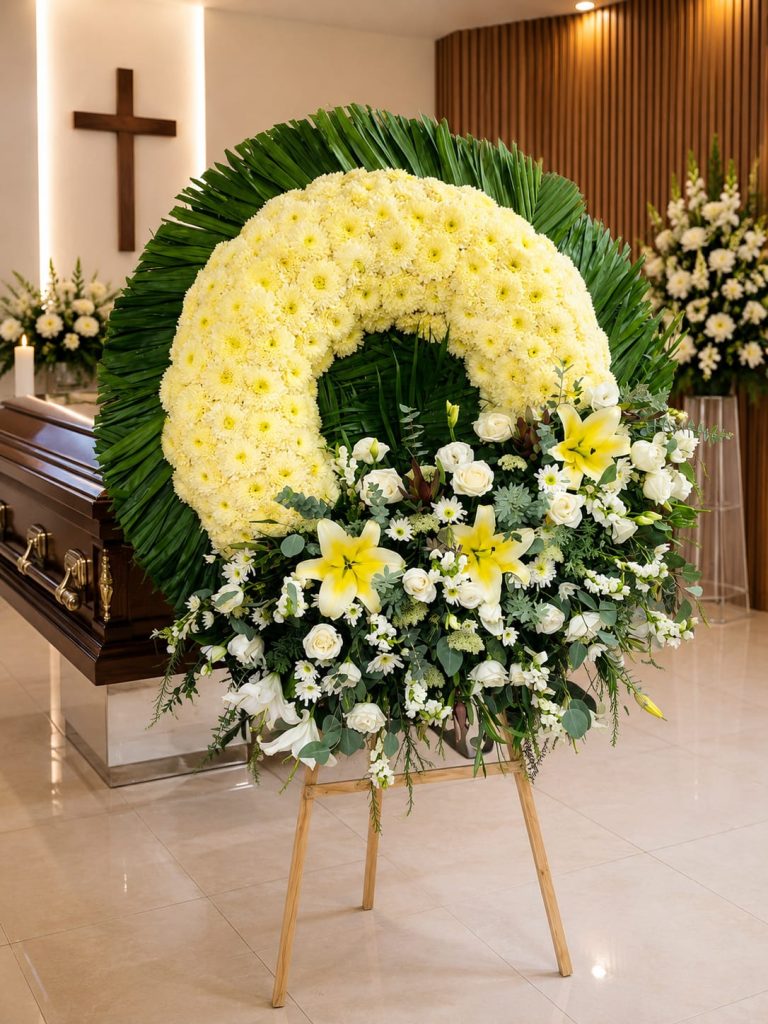 Corona fúnebre premium con flores naturales para entrega a domicilio las 24 horas en funerarias, iglesias, capillas y domicilios. Servicio urgente de Coronas.com.mx.